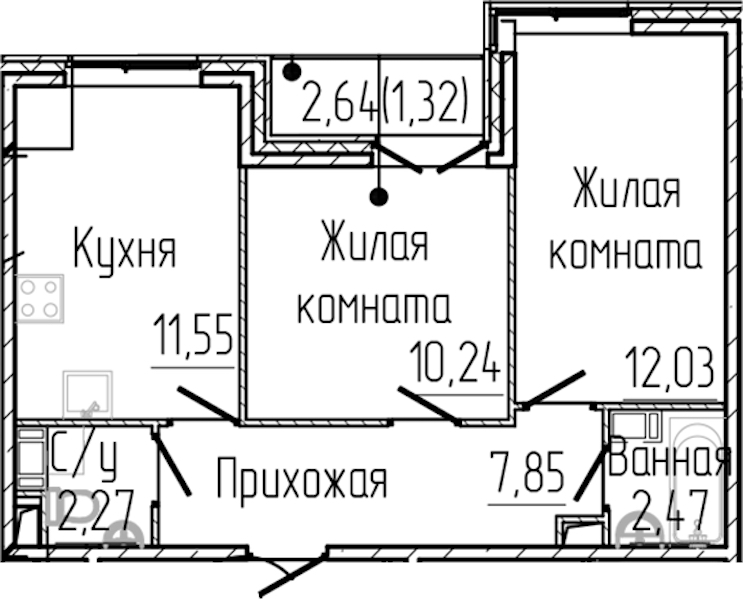 2-комнатная квартира 47.72 м², 2/8 эт., ЖК «SERTOLOVO PARK»